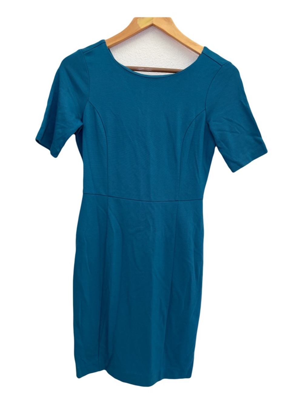 Ann Taylor Teal Stretch Short-Sleeve Sheath Midi Dress Size 0 Petite Office Wear